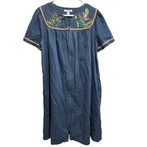 Go Softly Patio Denim Embroidered Floral Bird Zip Front Dress Muu‎ Muu Medium